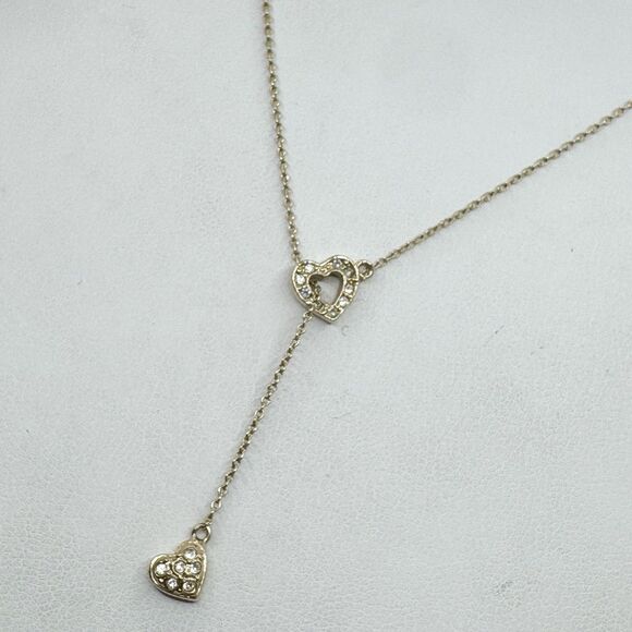 Vintage Monet Y Drop Heart Pendant Necklace Rhinestone Signed Love Jewelry 18” - Picture 1 of 8